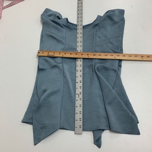 Express Top Women XS Extra Small Slate Satin Keyhole Back Flutter Sleeve Ruffle - Picture 8 of 12